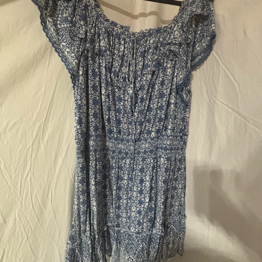American Rag Gray and Blue Smocked Ruffled Dress